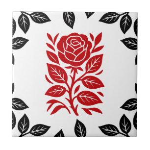 Azulejo De Cerâmica Rosa Vermelha e Preta Floral Moderno Minimalista G
