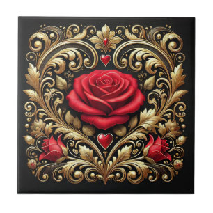 Azulejo De Cerâmica Rosa vermelha luxuosa e Trabalho de arte Dourada