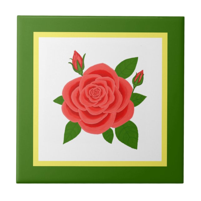 Azulejo De Cerâmica Rosa vermelha Verde (Frente)