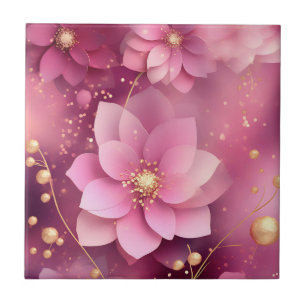 Azulejo De Cerâmica Rosa vibrante e Dourado Floral