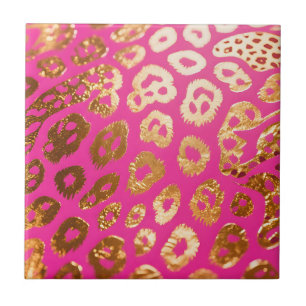 Azulejo De Cerâmica Rosa Vibrante Glam Estampa de Leopardo Dourado