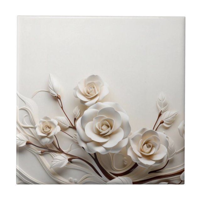 Azulejo De Cerâmica Rosas 3D Brancas Elegantes (Frente)