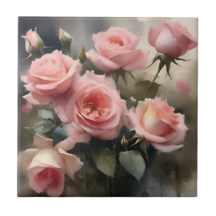 Azulejo De Cerâmica Rosas bonitas cor-de-rosa claro pintura em aquarel