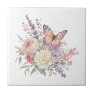 Azulejo De Cerâmica Rosas borboleta flores românticas