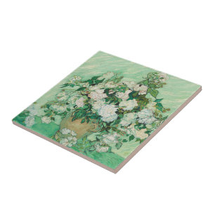 Azulejo De Cerâmica Rosas Brancas de Van Gogh - Arte Floral Mint Vinta