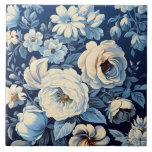 Azulejo De Cerâmica Rosas Brancas no Fundo Azul Indigo<br><div class="desc">Antigas rosas brancas e margaridas em um rico fundo azul-indigo.</div>