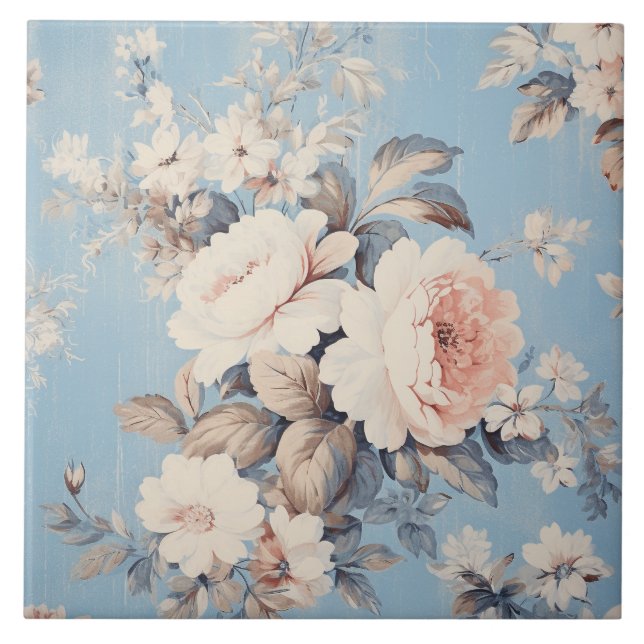 Azulejo De Cerâmica Rosas brancas sobre fundo azul-russo (Frente)