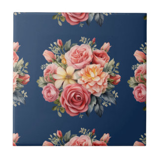 Azulejo De Cerâmica Rosas Cor-de-Rosa Clássicas Florais em um Fundo Az