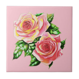 Azulejo De Cerâmica Rosas cor-de-rosa com folhas verdes de jade
