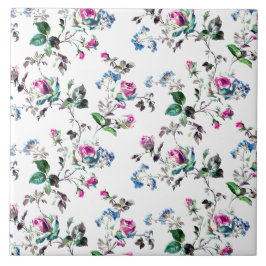 Azulejo De Cerâmica Rosas cor-de-rosa e Design Flores Azuis