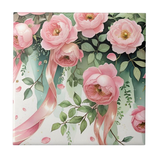 Azulejo De Cerâmica Rosas Cor-de-Rosa e Fitas (Frente)