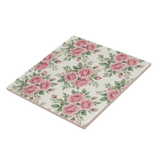 Azulejo De Cerâmica Rosas Cor-de-Rosa em Aquarela Vintage Padrão Flora