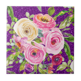 Azulejo De Cerâmica Rosas de aquarela, cor-de-rosa e creme, com brilho