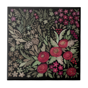 Azulejo De Cerâmica Rosas de aquarela sobre fundo preto, aquarela