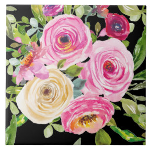 Azulejo De Cerâmica Rosas de aquarelas a rosa e creme a preto