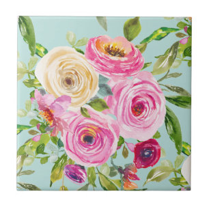 Azulejo De Cerâmica Rosas de aquarelas a rosa e creme em aqua