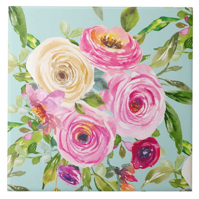 Azulejo De Cerâmica Rosas de aquarelas a rosa e creme em aqua (Frente)