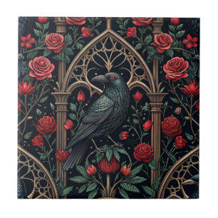 Azulejo De Cerâmica Rosas de Corvo Gótico Padrão Ornamentado