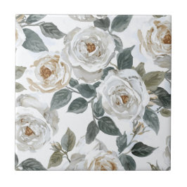 Azulejo De Cerâmica Rosas de Jardim | Floral Vintage aquarela branca
