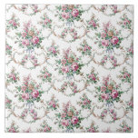 Azulejo De Cerâmica Rosas e Swags de Vintage Elegante<br><div class="desc">Padrão floral clássico que inclui pulverizações e terras de rosas cor-de-rosa e dourados e flores mistas,  folhas verdes,  fitas azuis e baloiços de ornamentado em fundo branco.</div>