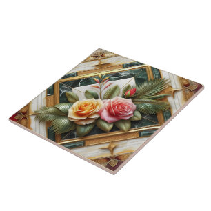 Azulejo De Cerâmica Rosas Elegantes com Folhas Decorativas no Marble
