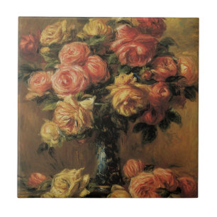 Azulejo De Cerâmica Rosas em um Vaso por Pierre Renoir, Arte Fino Vint