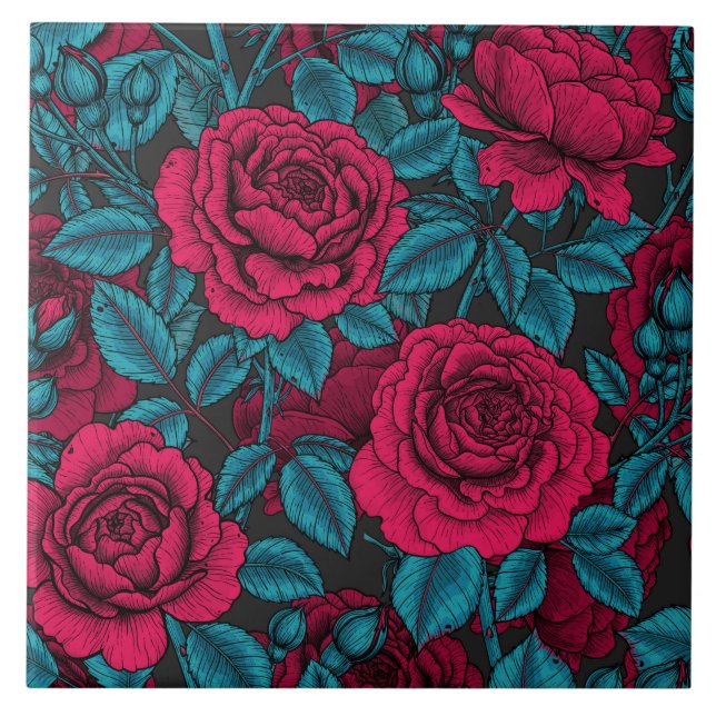 Azulejo De Cerâmica Rosas em vermelho e azul (Frente)