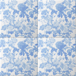 Azulejo De Cerâmica Rosas Florais Brancas Azuis Padrão Francês