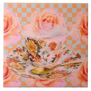 Azulejo De Cerâmica Rosas KITCHEN DREAM-TEA E TEACUP DOURADO