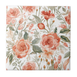 Azulejo De Cerâmica Rosas Laranja Aquarela Botânica Coral Floral