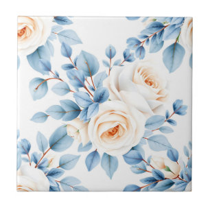 Azulejo De Cerâmica Rosas Pêssego Padrão de Eucalipto Azul Empoeirado