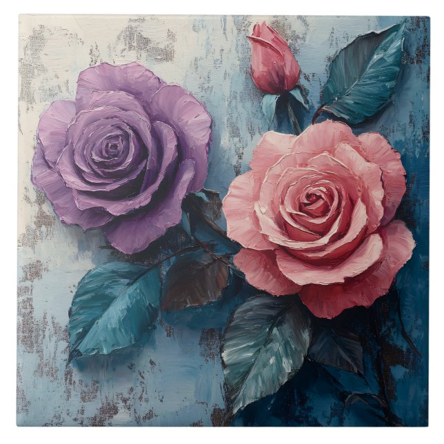 Azulejo De Cerâmica Rosas Rosa e Roxo Fundo Distorcida (Frente)