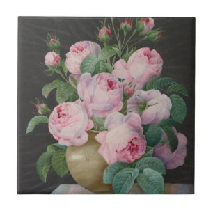 Azulejo De Cerâmica Rosas rosa em um vaso - Pierre Joseph Redouté