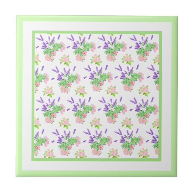 Azulejo De Cerâmica Rosas Rosa, Lavanda Roxa, Flor Laranja Mock (Frente)