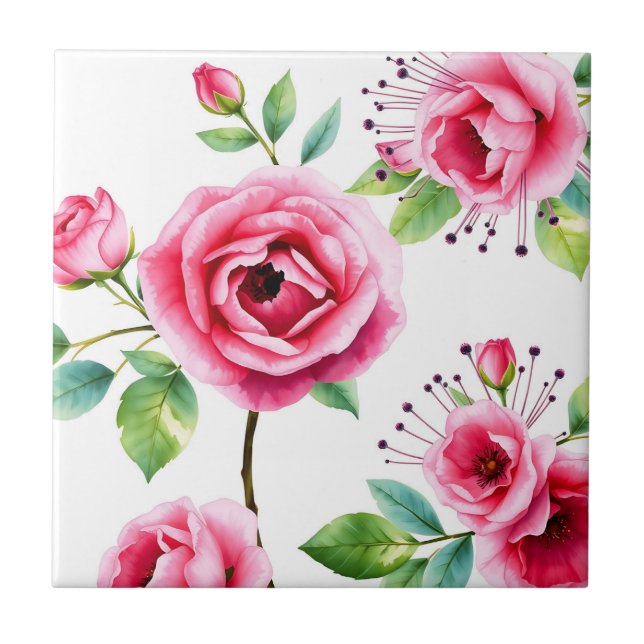 Azulejo De Cerâmica Rosas rosa macio e flores de eucalipto (Frente)
