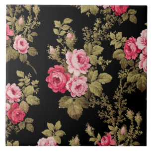 Azulejo De Cerâmica Rosas Rosa-Rosa-Vintage Elegante-Fundo Preto