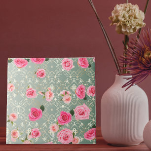 Azulejo De Cerâmica Rosas Rosa Vintage Na Cor damasco Teal Dourada