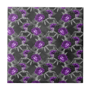 Azulejo De Cerâmica Rosas Roxas Prateadas Folhas Jardim Escuro