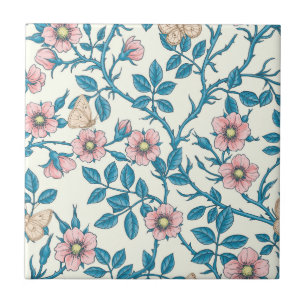 Azulejo De Cerâmica Rosas silvestres e borboletas /rosa/azul/branco es