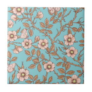 Azulejo De Cerâmica Rosas silvestres e borboletas /rosa/marrom/lagoa