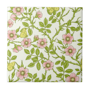 Azulejo De Cerâmica Rosas silvestres e borboletas /rosa/verde claro/am