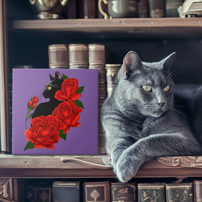 Azulejo De Cerâmica Rosas vermelhas de Gato Negro Roxo (Criador carregado)
