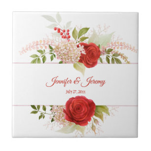 Azulejo De Cerâmica Rosas vermelhas de inverno & Greenery Casamento
