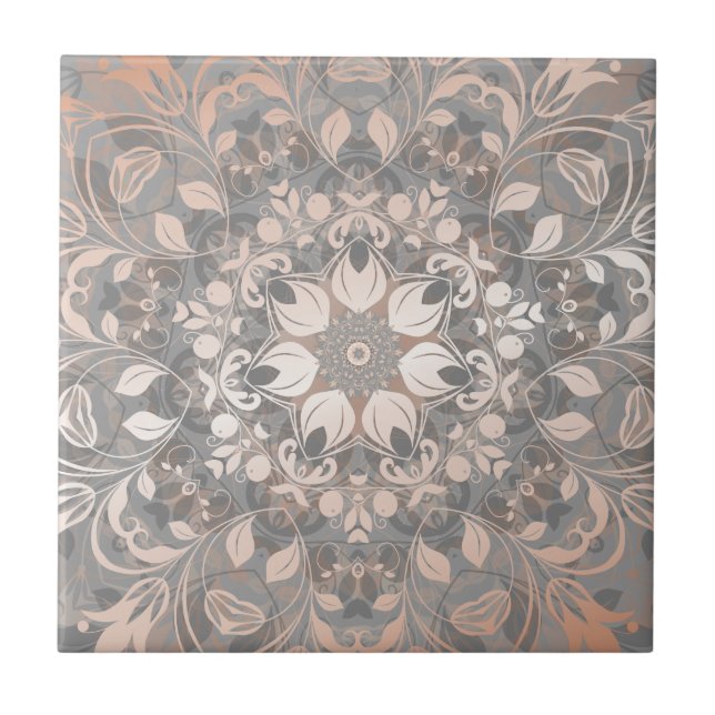 Azulejo De Cerâmica Rose Gold Gray Floral Mandala (Frente)