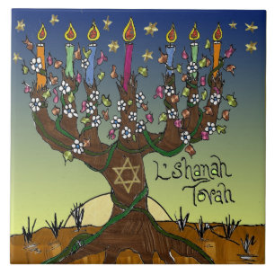 Azulejo De Cerâmica Rosh Hashanah L'Shanah Tovah Menorá Árvore da Vida