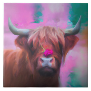 Azulejo De Cerâmica "Rosie das Terras Altas" – Retrato de Vaca das Ter