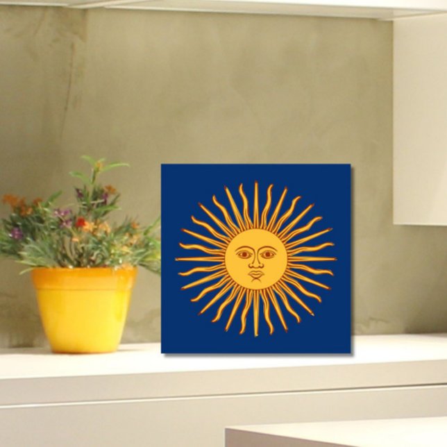 Azulejo De Cerâmica Rosto Amarelo Celestial Brilhante no Na moda Azul (Add the charm and warmth of the sun to your tiled space!)