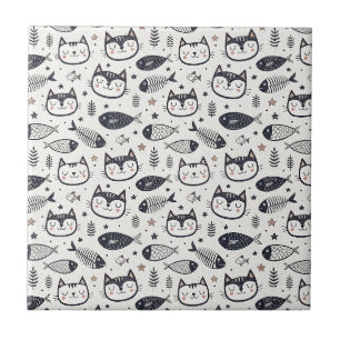 Azulejo De Cerâmica Rosto de Gato Fofo e Padrão de Espinhas de Peixe -