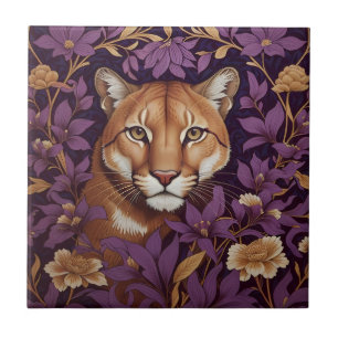 Azulejo De Cerâmica Rosto de Puma Entre Densa Folhagem Roxa e Flores