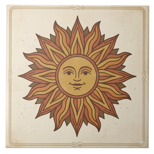 Azulejo De Cerâmica Rosto de Sol Celestial Vintage (Frente)